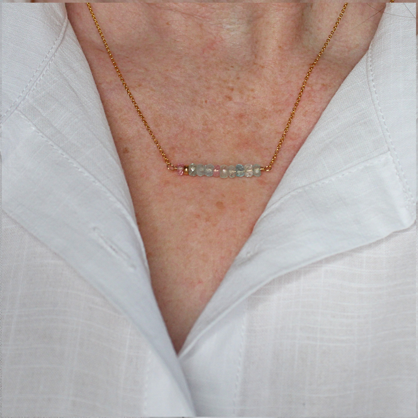 Aquamarine & Morganite Gemstone Bar Necklace Gold Filled Limited Edition