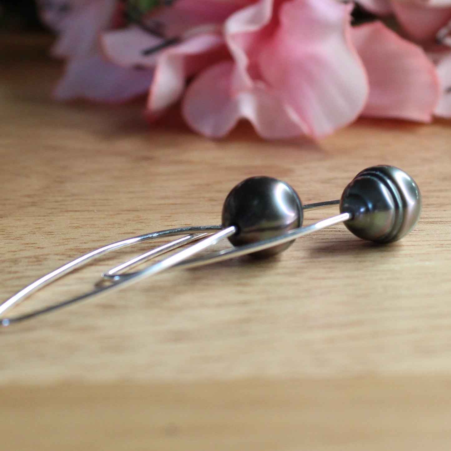 Black Tahitian Pearl Sterling Silver Long Dangle Earrings - Avery Silver