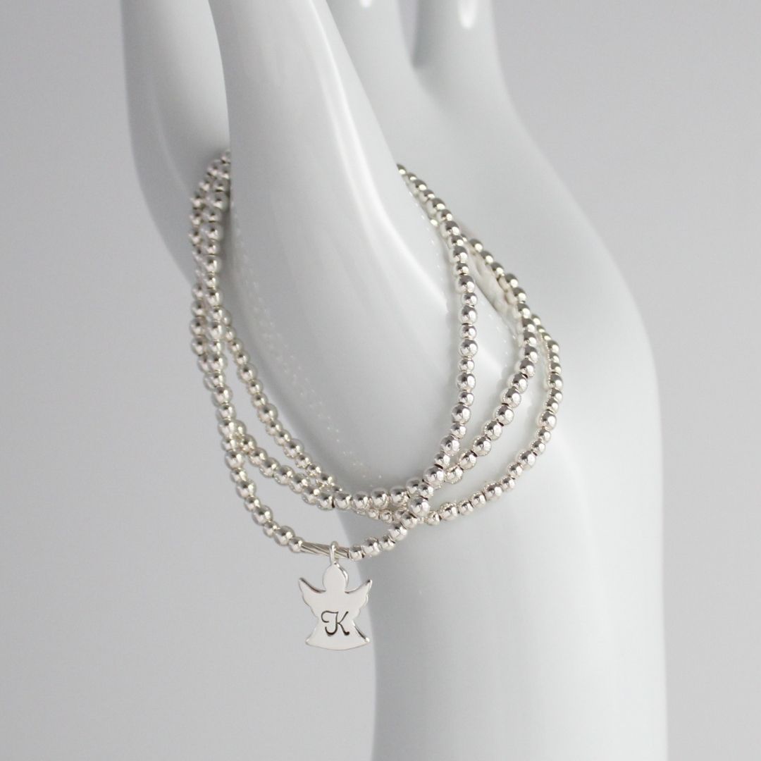 Personalized Angel Charm Silver Bead Stacking Bracelet Set