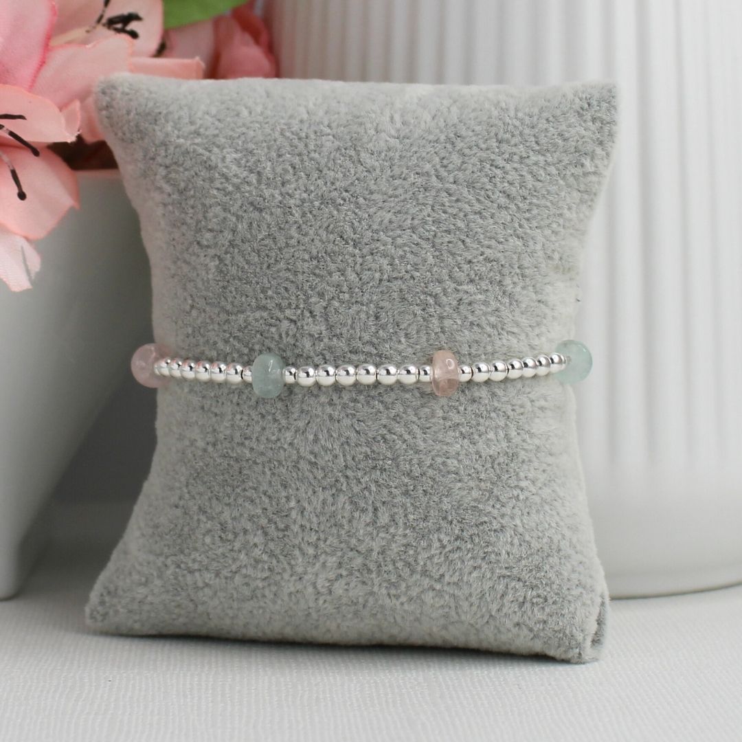 Aquamarine, Morganite Sterling Silver Bead Stacking Bracelet - Blush Tide