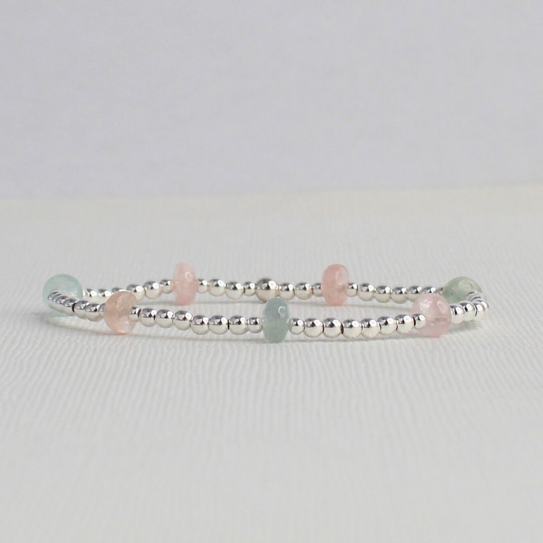 Aquamarine, Morganite Sterling Silver Bead Stacking Bracelet - Blush Tide