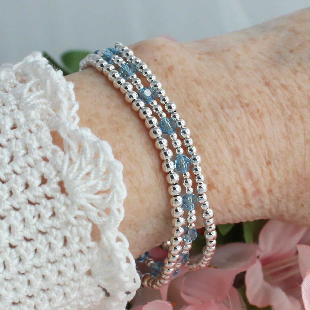 March Birthstone Sterling Silver Bracelet Stack – Made with Swarovski Crystal