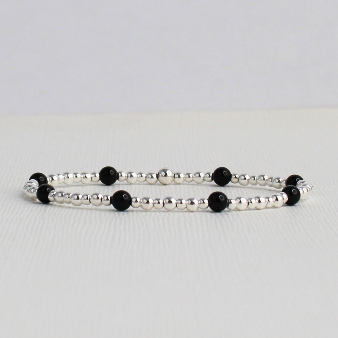 Black Onyx Sterling Silver Bead Stacking Bracelet - Noir Icon