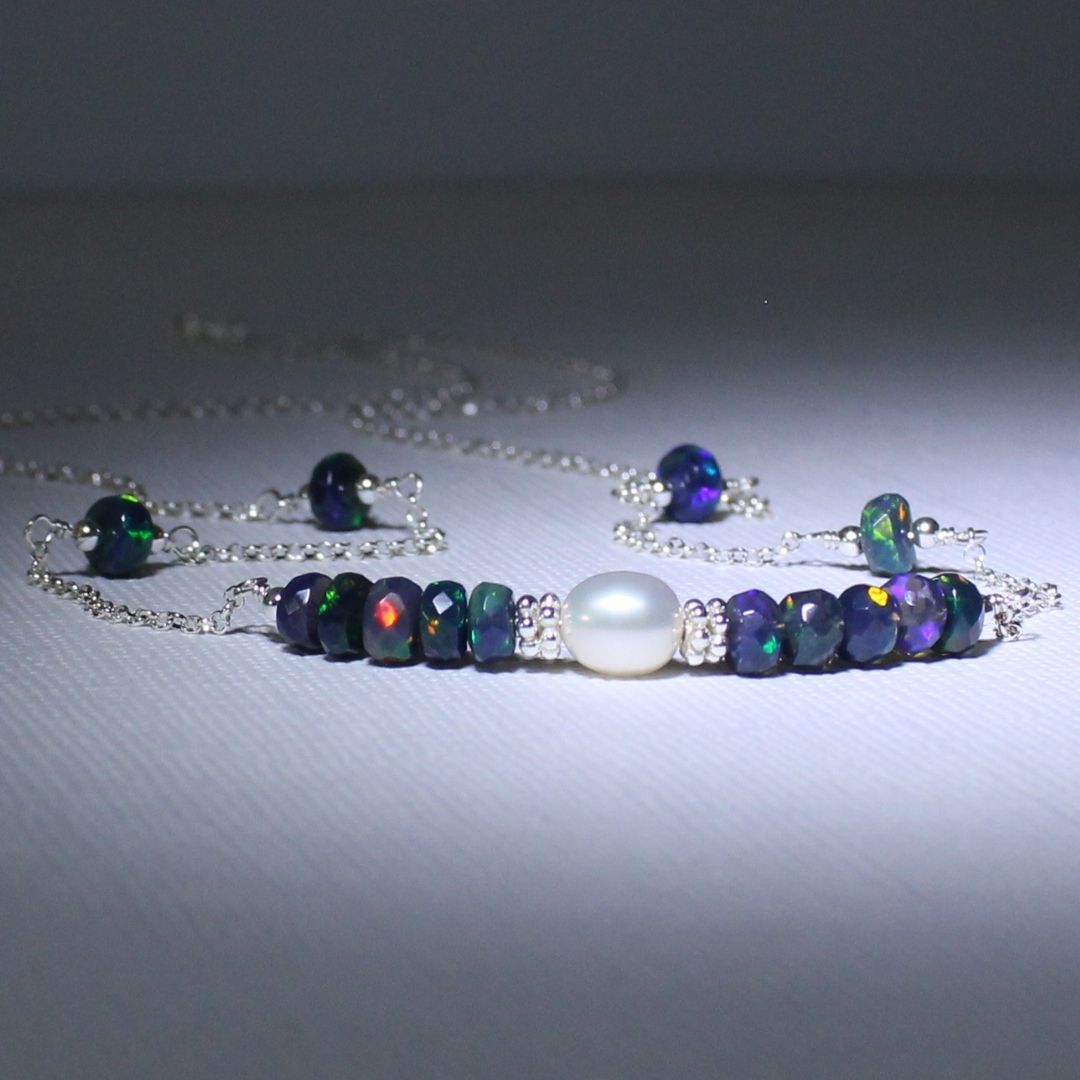 Black Opal, Pearl & Sterling Silver Necklace - Midnight Petal