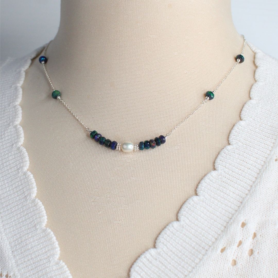 Black Opal, Pearl & Sterling Silver Necklace - Midnight Petal
