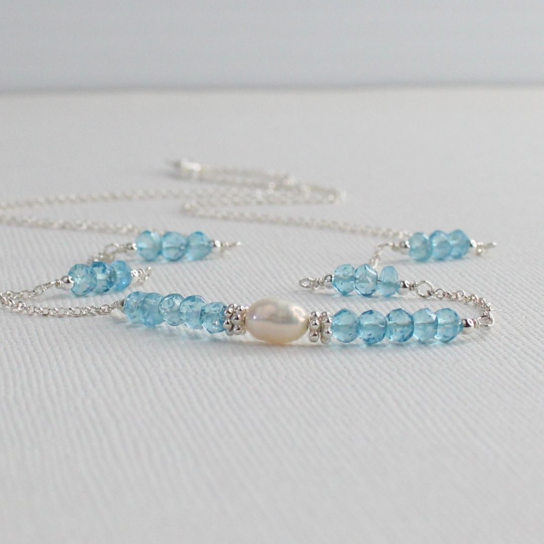 Blue Topaz Pearl & Sterling Silver Necklace - Sky Blossom