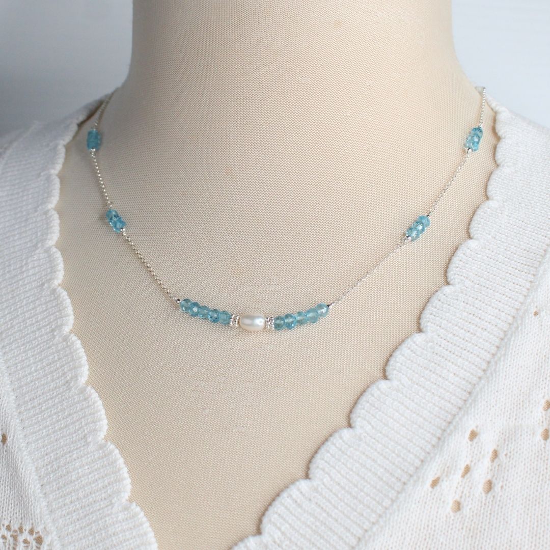 Blue Topaz Pearl & Sterling Silver Necklace - Sky Blossom