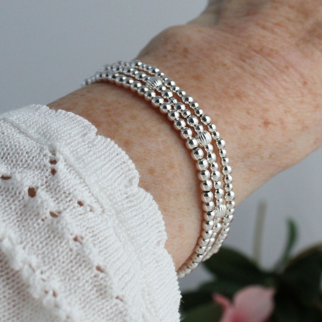 Sterling Silver Corrugated Mixed Bead Stacking Bracelet - Roma