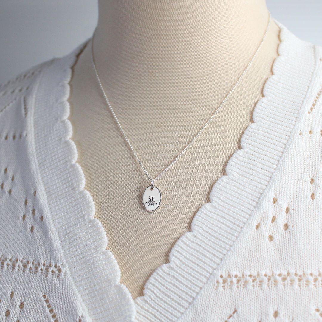 Hand Stamped Queen Bee Pendant Necklace - Eva Love Drop