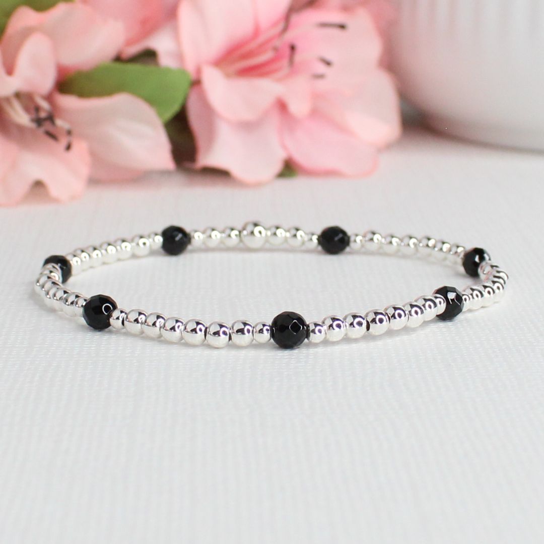 Black Onyx Sterling Silver Bead Stacking Bracelet - Noir Icon