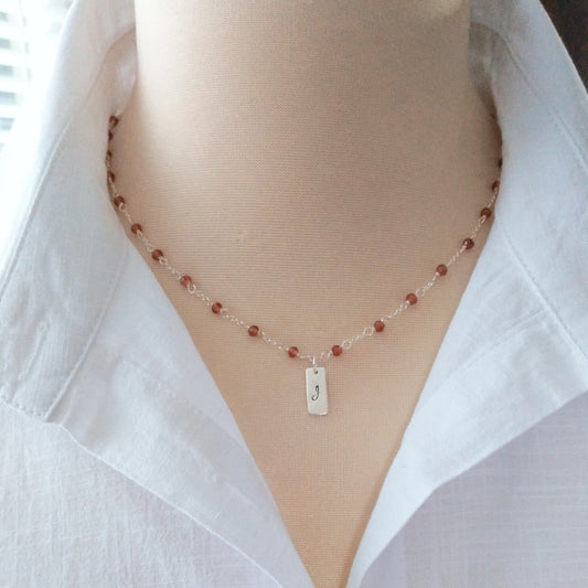 Garnet Necklace with Love Drop Initial Charm Sterling Silver - Darby