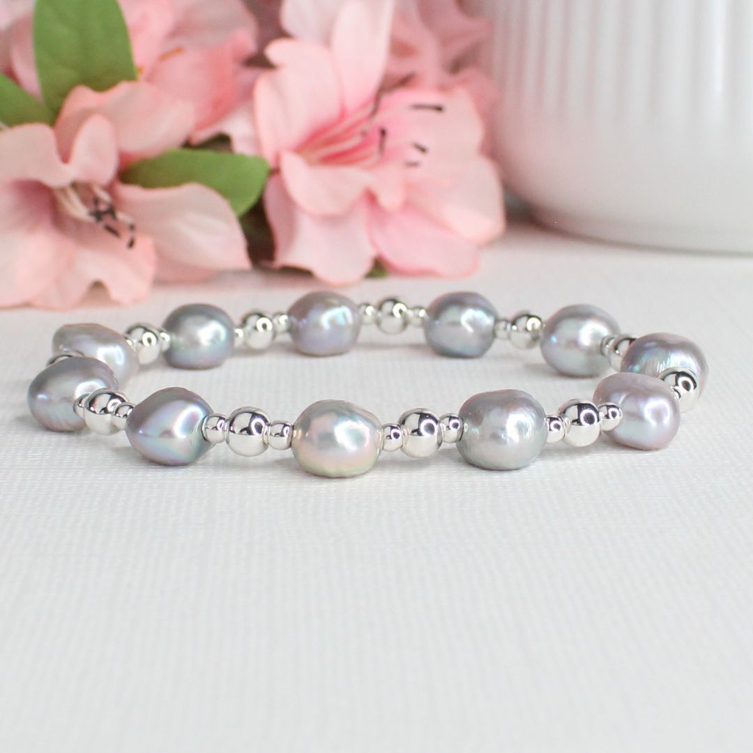 Grey Pearl Sterling Silver Bead Stacking Bracelet - Shadow Tide