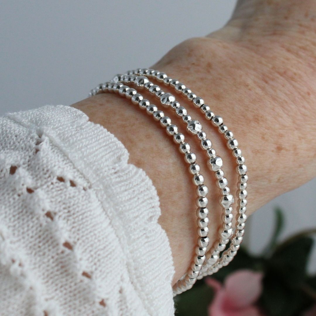 Sterling Silver Hammered & Plain Bead Stacking Bracelet - Alba