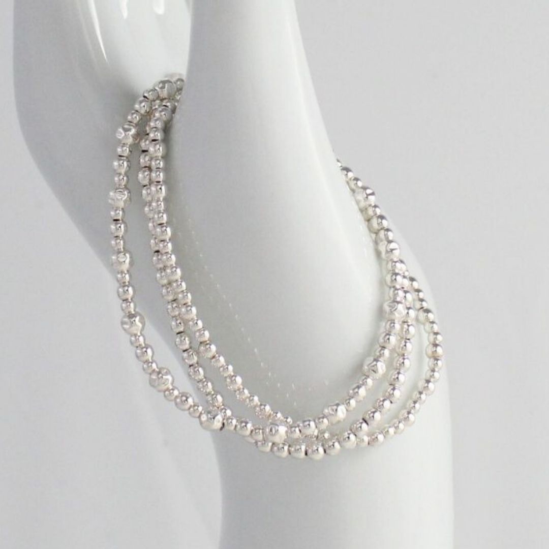 Sterling Silver Hammered & Plain Bead Stacking Bracelet - Alba
