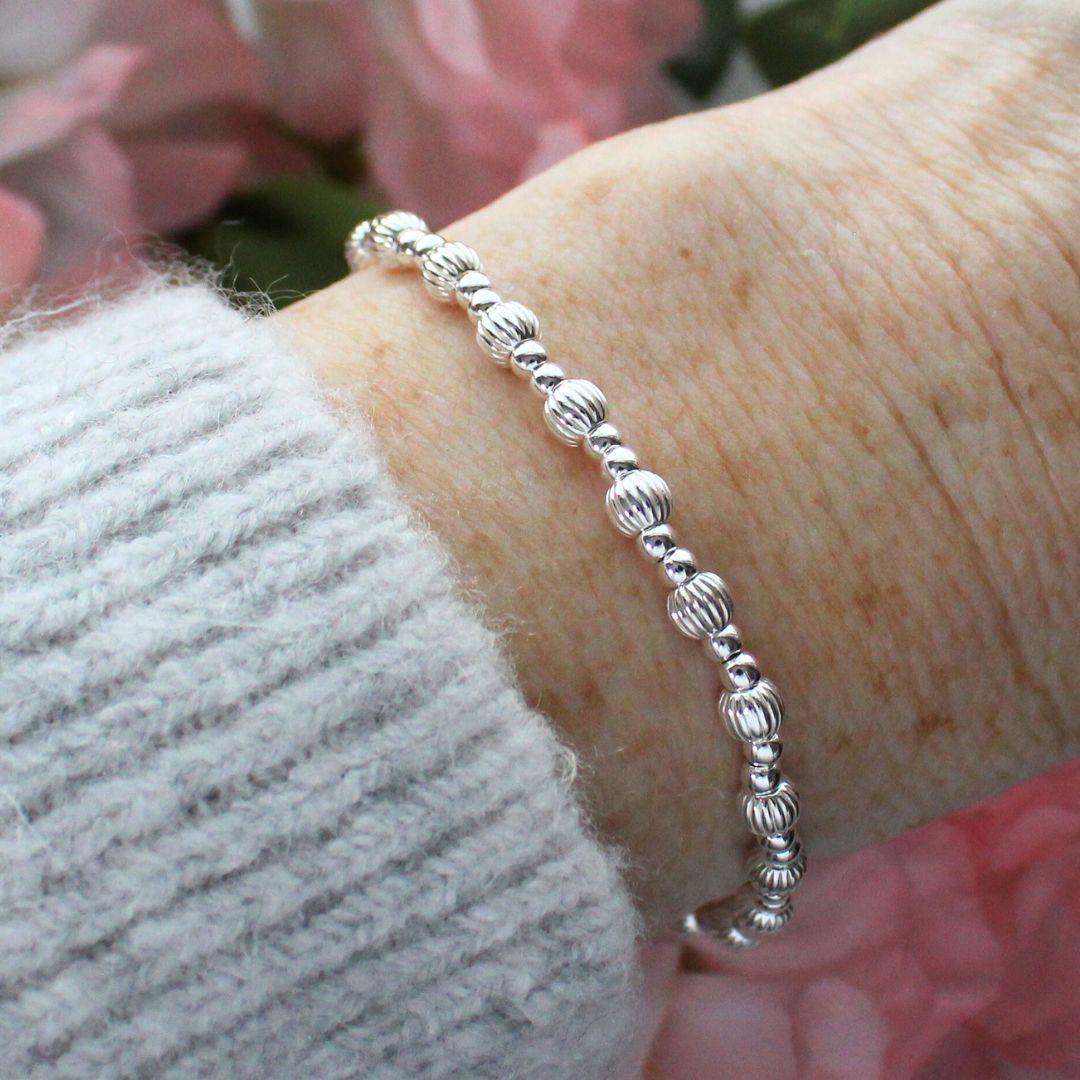 Sterling Silver Corrugated & Plain Beaded Stacking Bracelet - Cagliari
