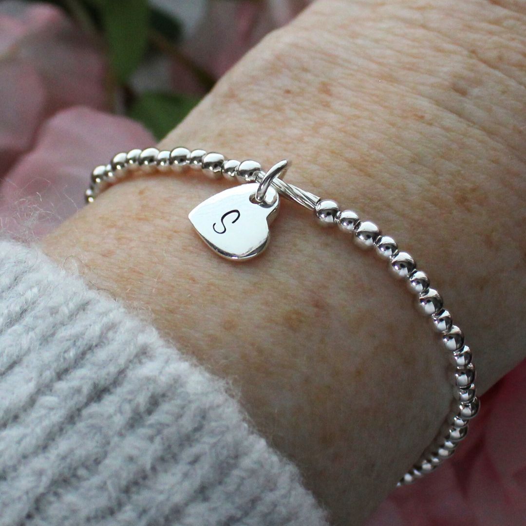 Sterling Silver Tilted Heart Charm Beaded Stacking Bracelet Set – Personalized Stacking Jewellery