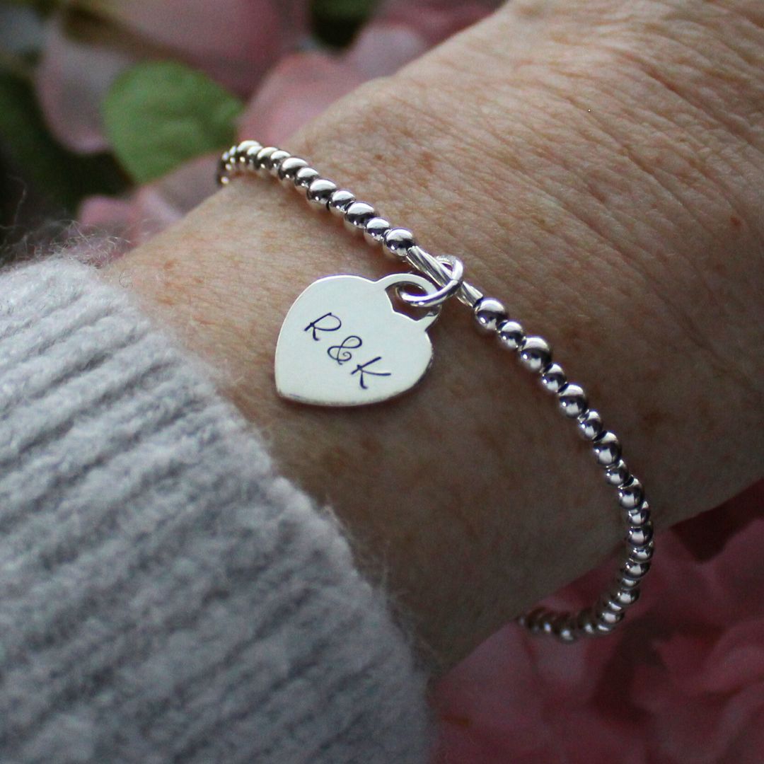 Sterling Silver Lover’s Heart Charm Beaded Stacking Bracelet Set – Personalized Couples Jewellery