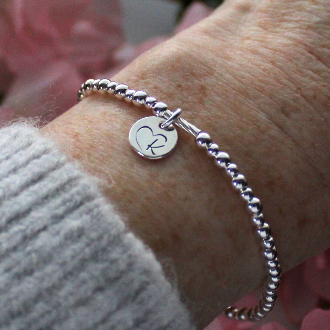 Sterling Silver Stacking Bracelet with Initial in Heart Charm – Mia Love Drop