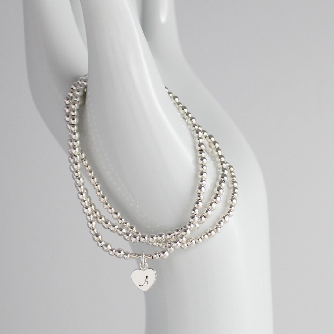 Custom Initial Heart Charm Silver Bead Stacking Bracelet - Valentina Love Drop