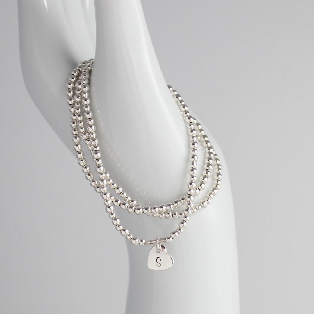 Sterling Silver Tilted Heart Charm Beaded Stacking Bracelet Set – Personalized Stacking Jewellery
