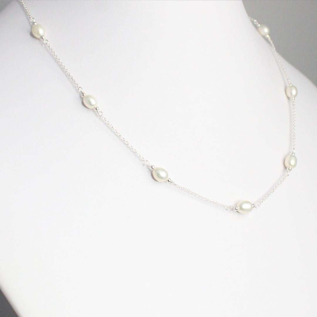 Pearl Station Chain Necklace - Silver - Serenity