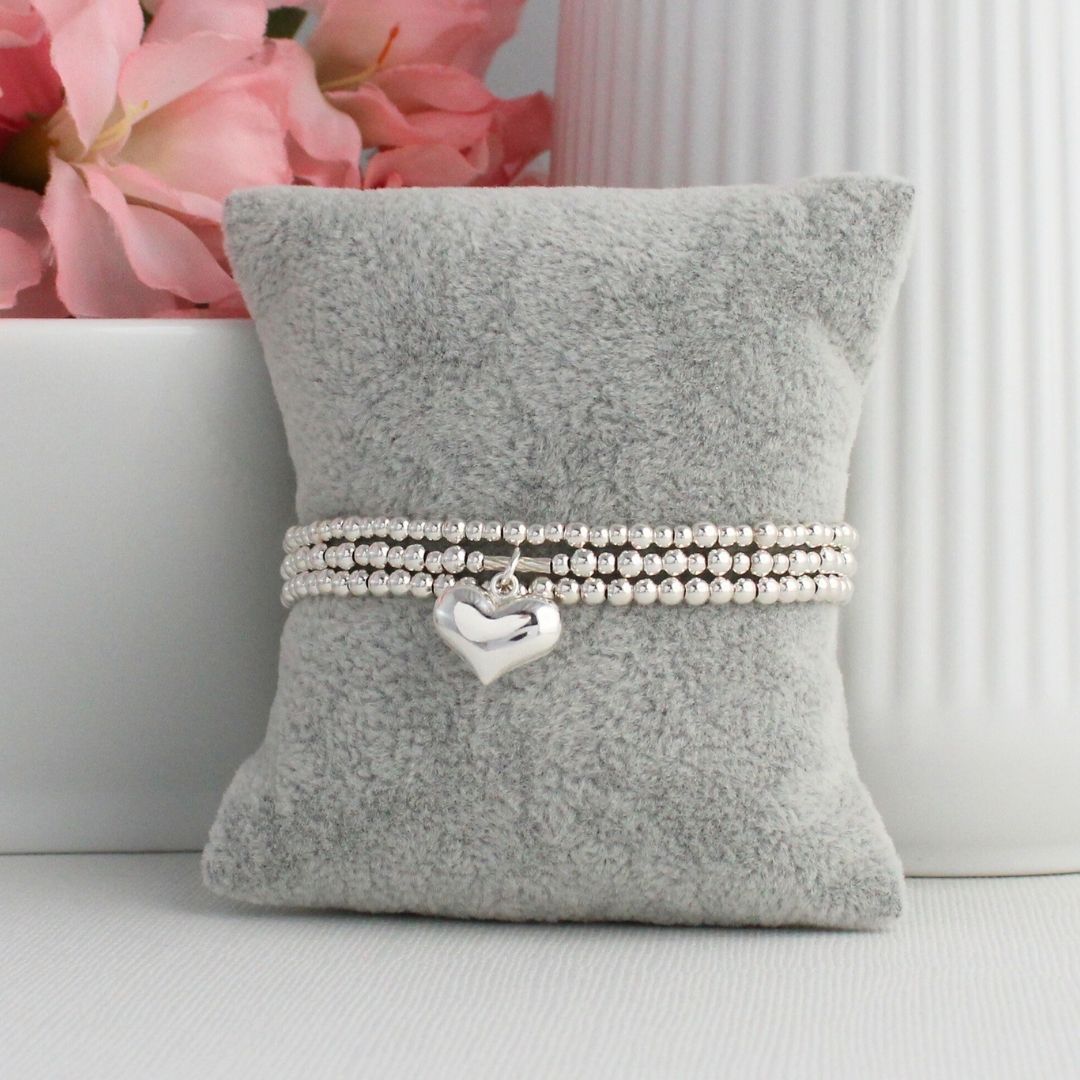 Large Puffed Heart Charm Silver Bead Stacking Bracelet