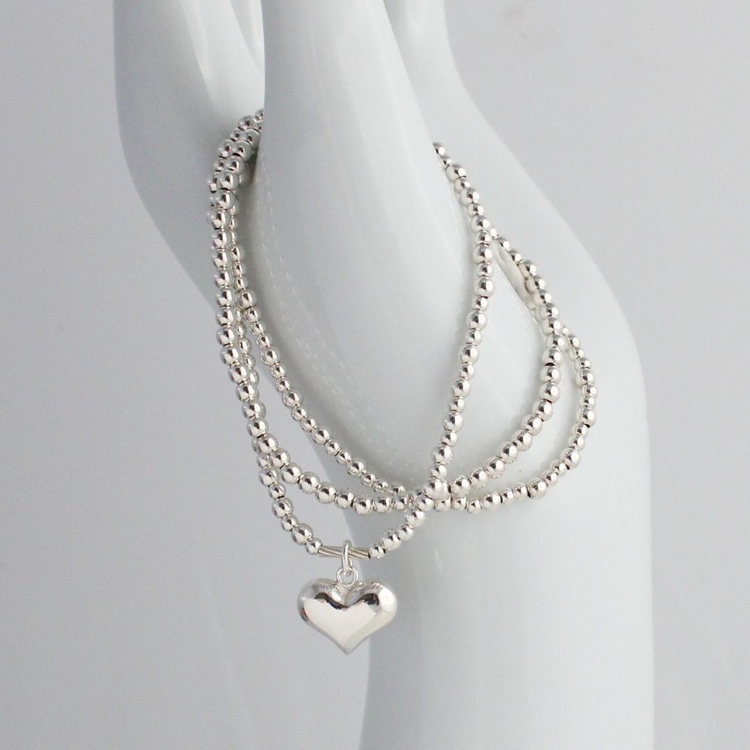 Large Puffed Heart Charm Silver Bead Stacking Bracelet
