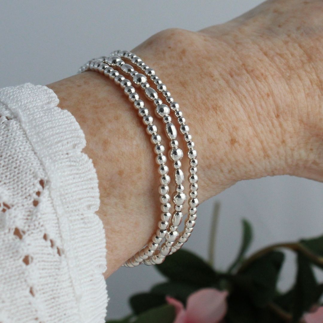 Sterling Silver Rice & Plain Beaded Stacking Bracelet - Capri