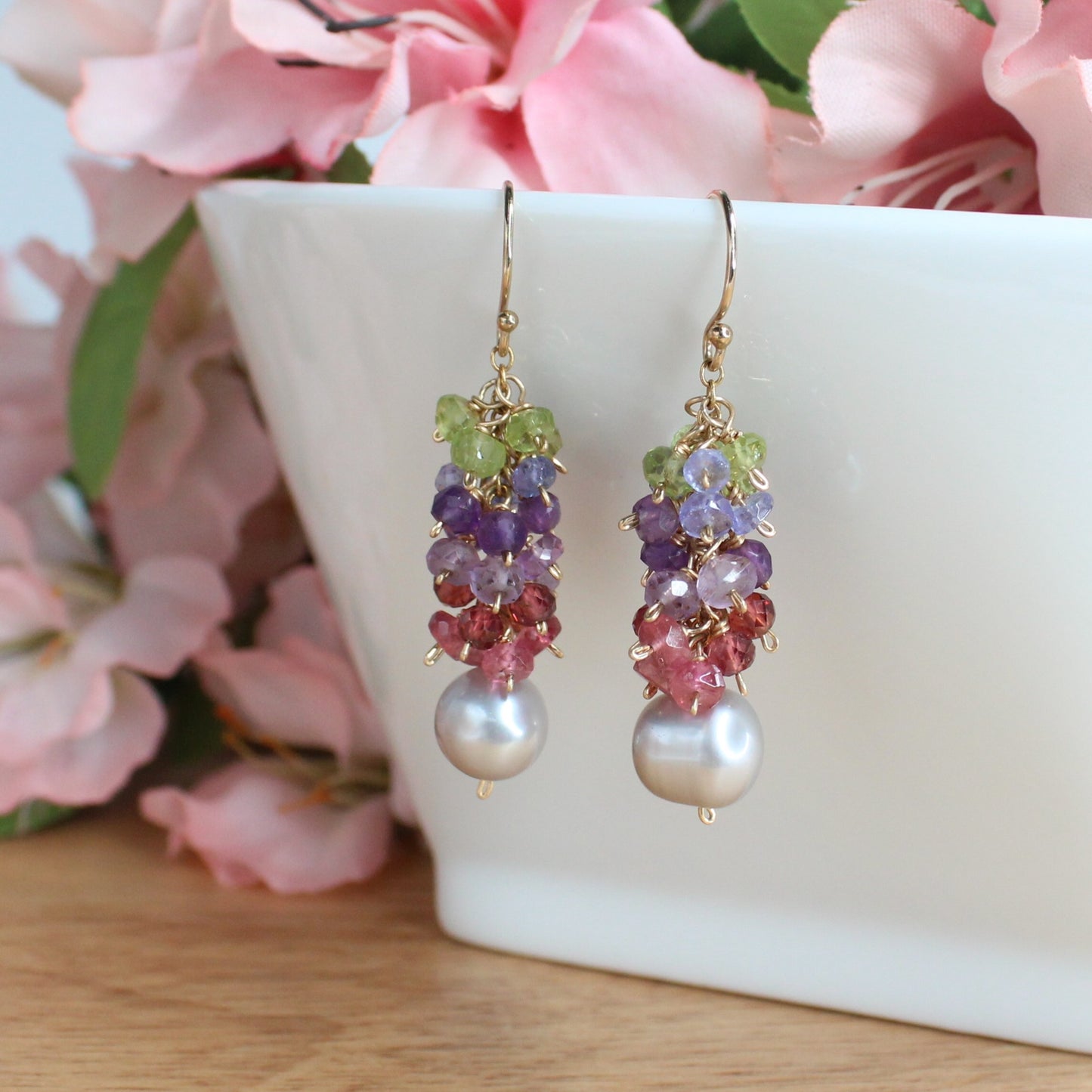 Mixed Gemstone and Grey Baroque Pearl Earrings - Gaia