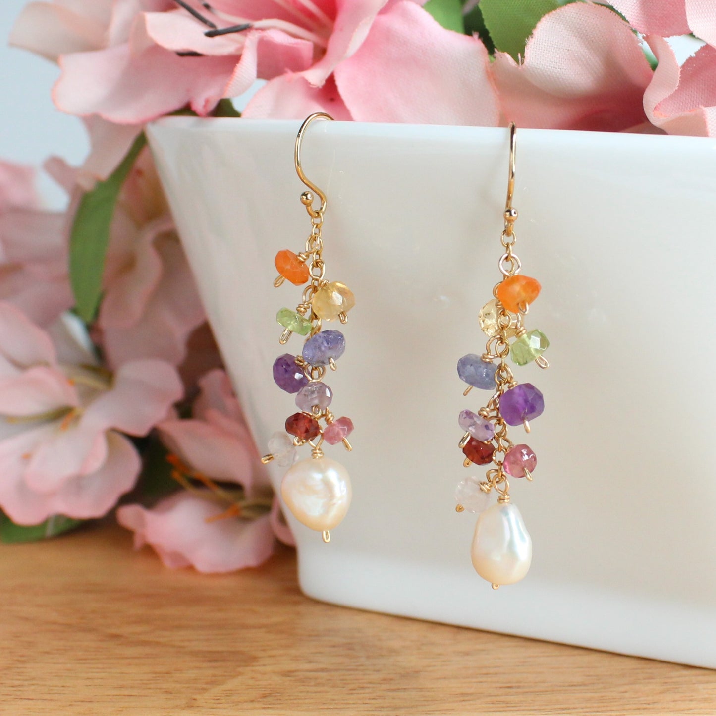 Mixed Gemstone and Baroque Pearl Rainbow Earrings - Terra