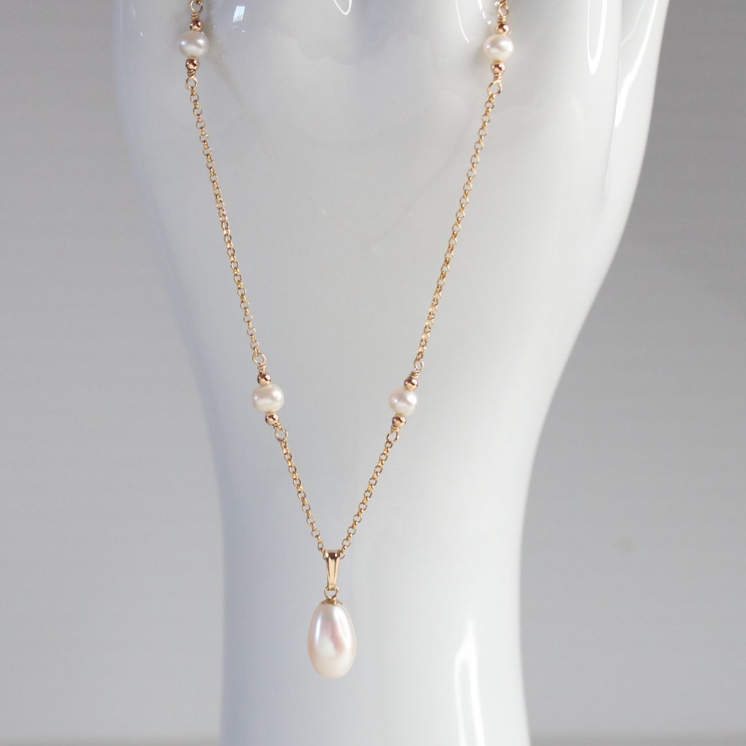 Pearl Drop Pendant on Pearl Station Chain Necklace - Gold - Muse