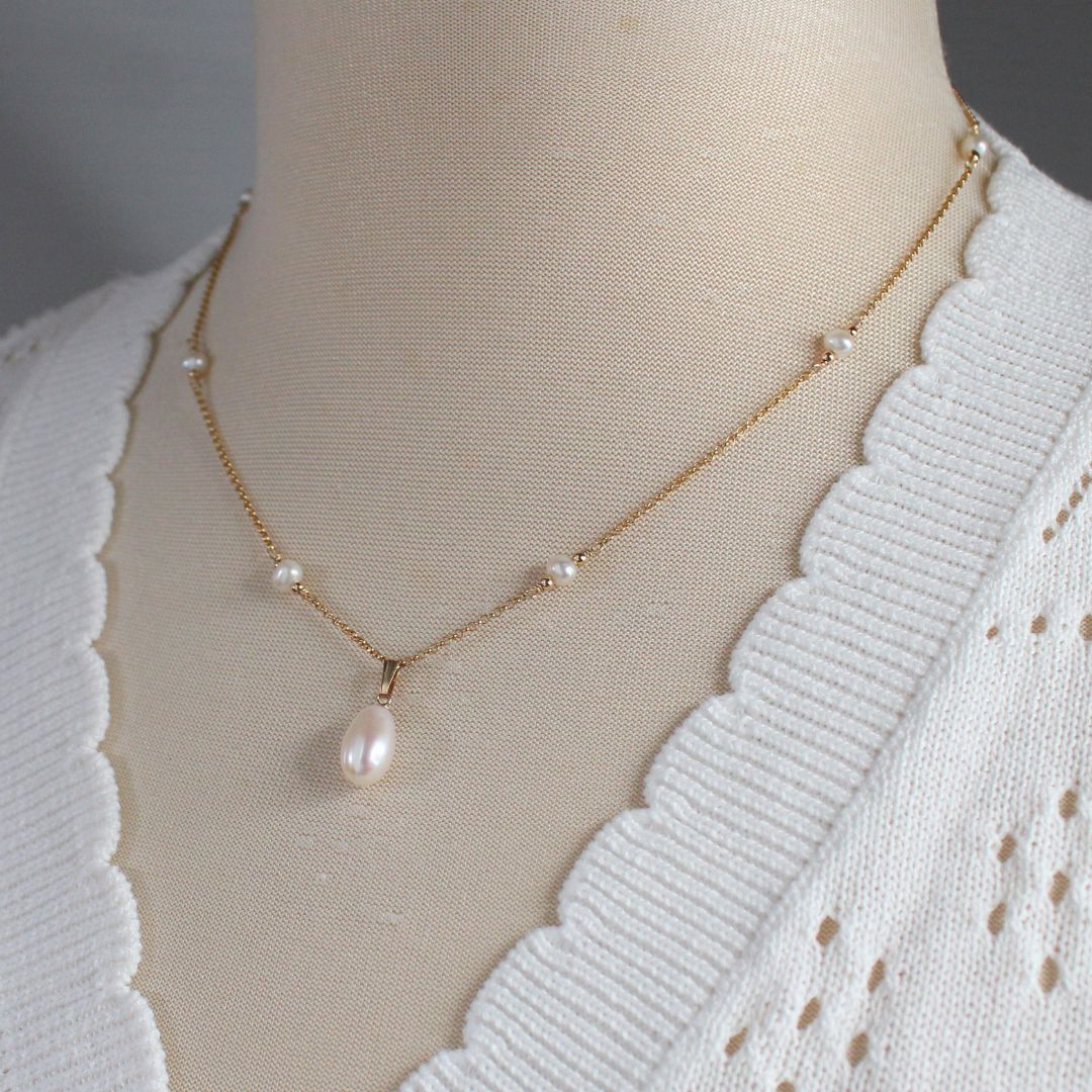 Pearl Drop Pendant on Pearl Station Chain Necklace - Gold - Muse
