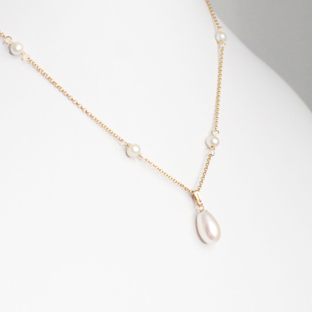 Pearl Drop Pendant on Pearl Station Chain Necklace - Gold - Muse