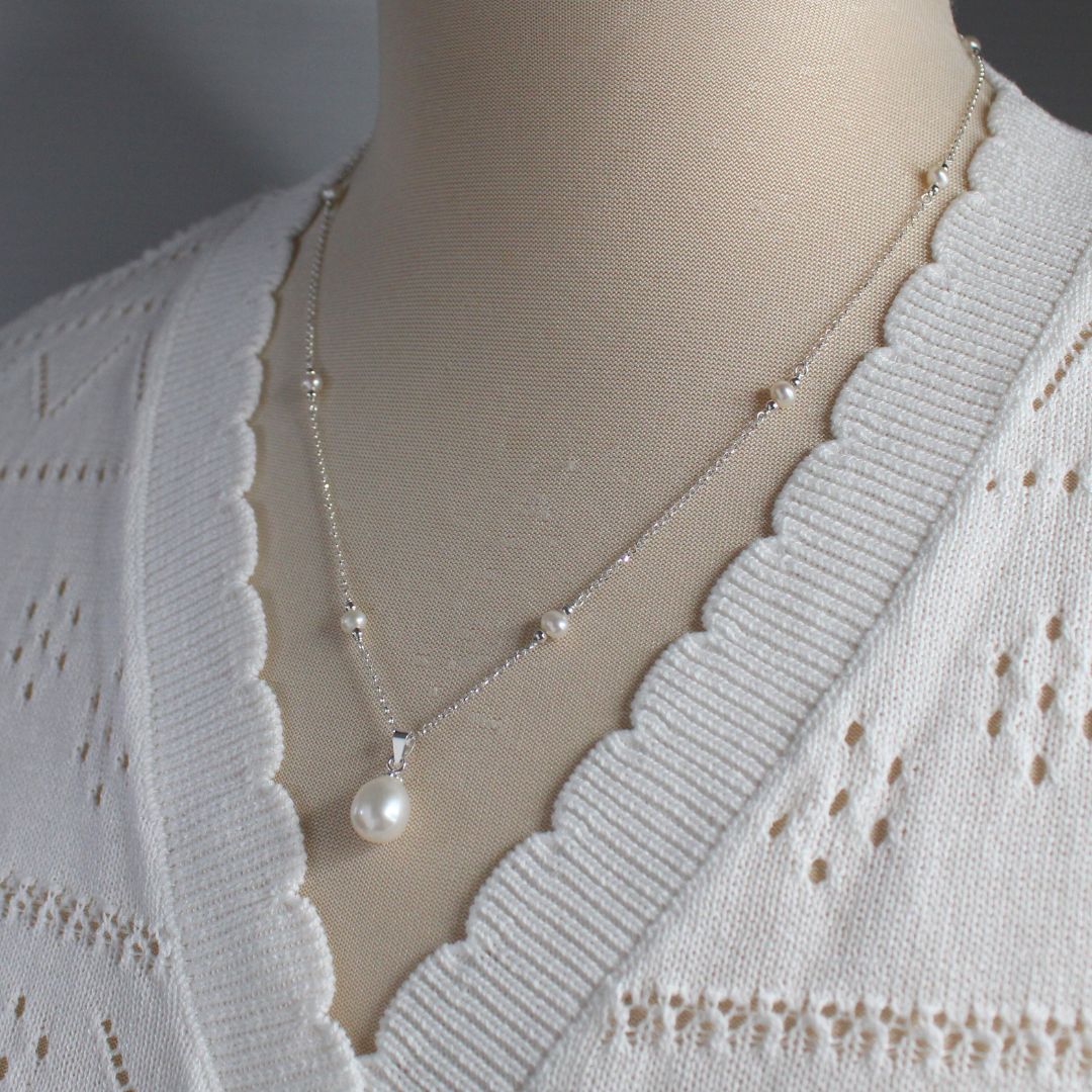 Pearl Drop Pendant on Pearl Station Chain Necklace - Silver - Muse