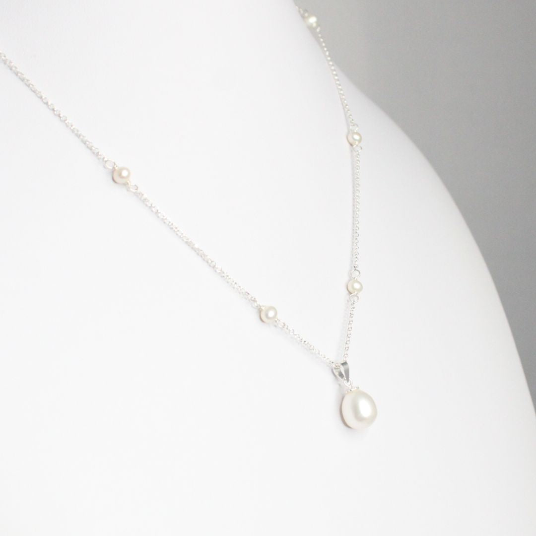 Pearl Drop Pendant on Pearl Station Chain Necklace - Silver - Muse