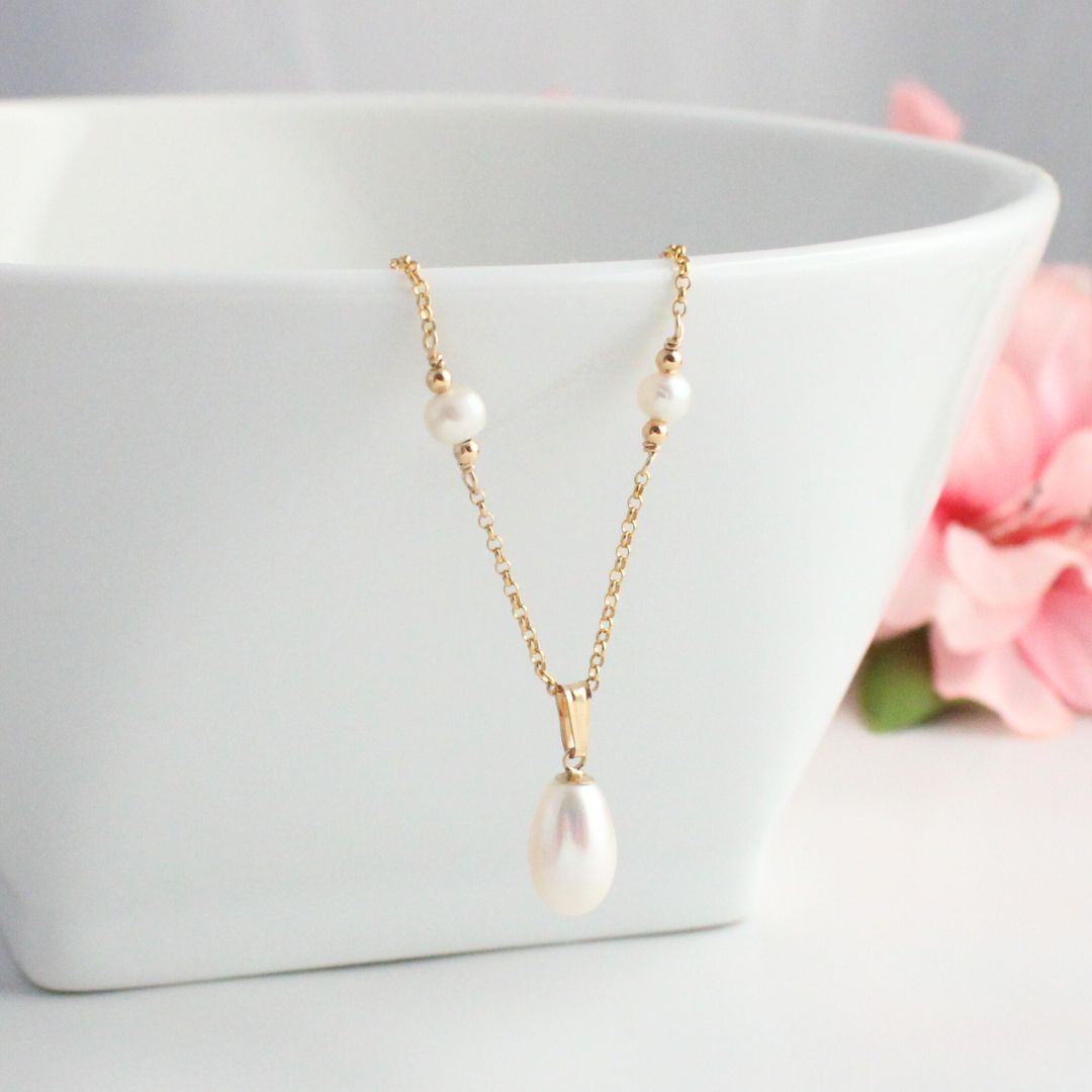 Pearl Drop Pendant on Pearl Station Chain Necklace - Gold - Muse