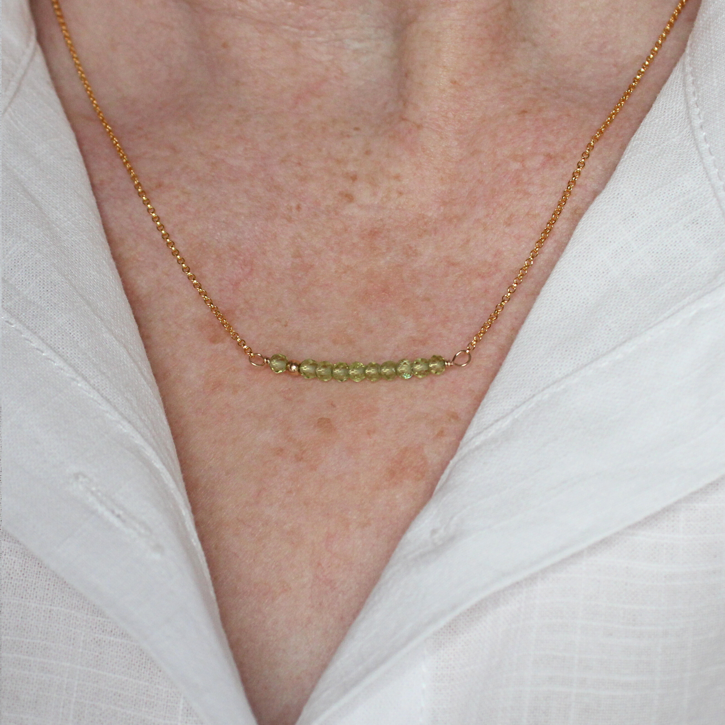Peridot Birthstone Bar Necklace Gold Filled