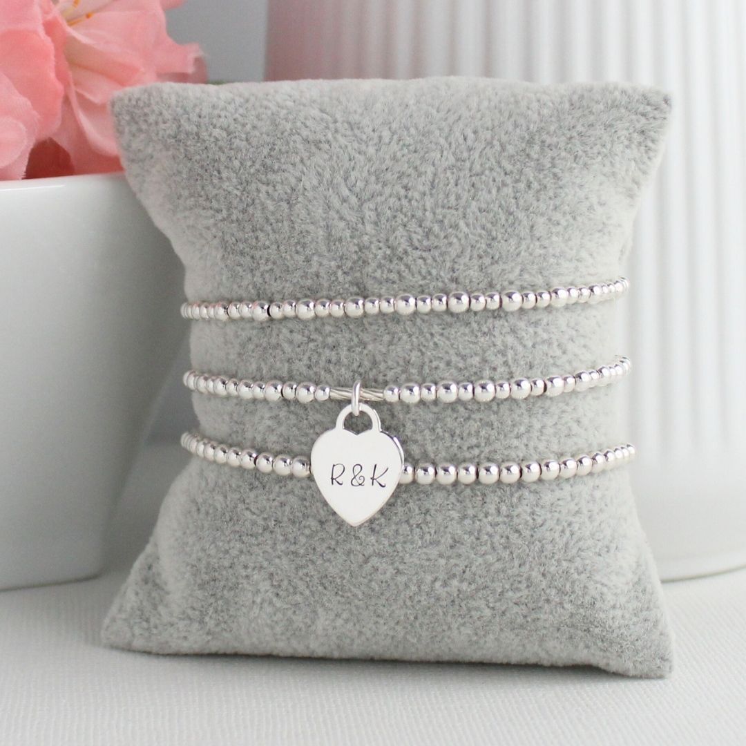 Sterling Silver Lover’s Heart Charm Beaded Stacking Bracelet Set – Personalized Couples Jewellery