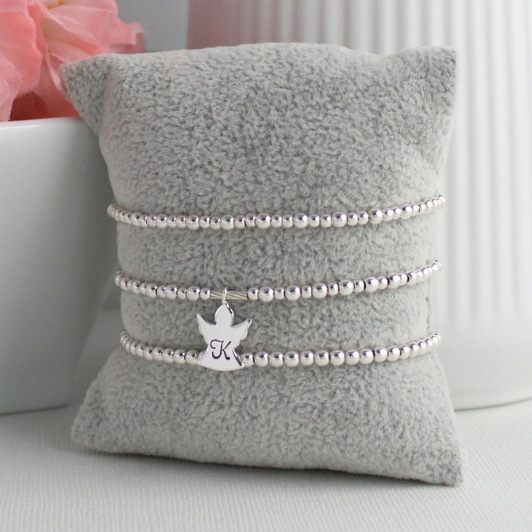 Personalized Angel Charm Silver Bead Stacking Bracelet Set