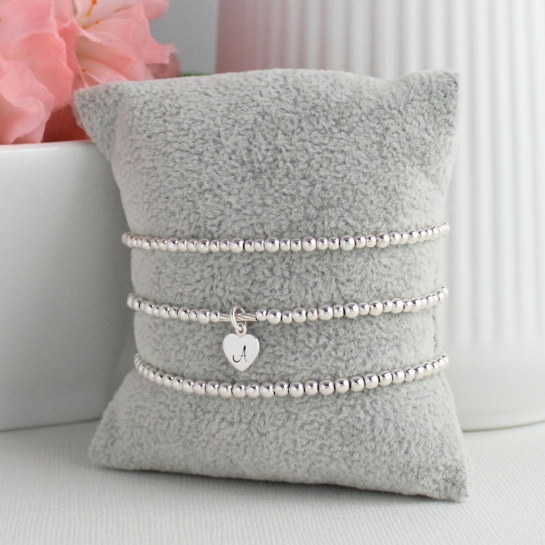 Custom Initial Heart Charm Silver Bead Stacking Bracelet - Valentina Love Drop