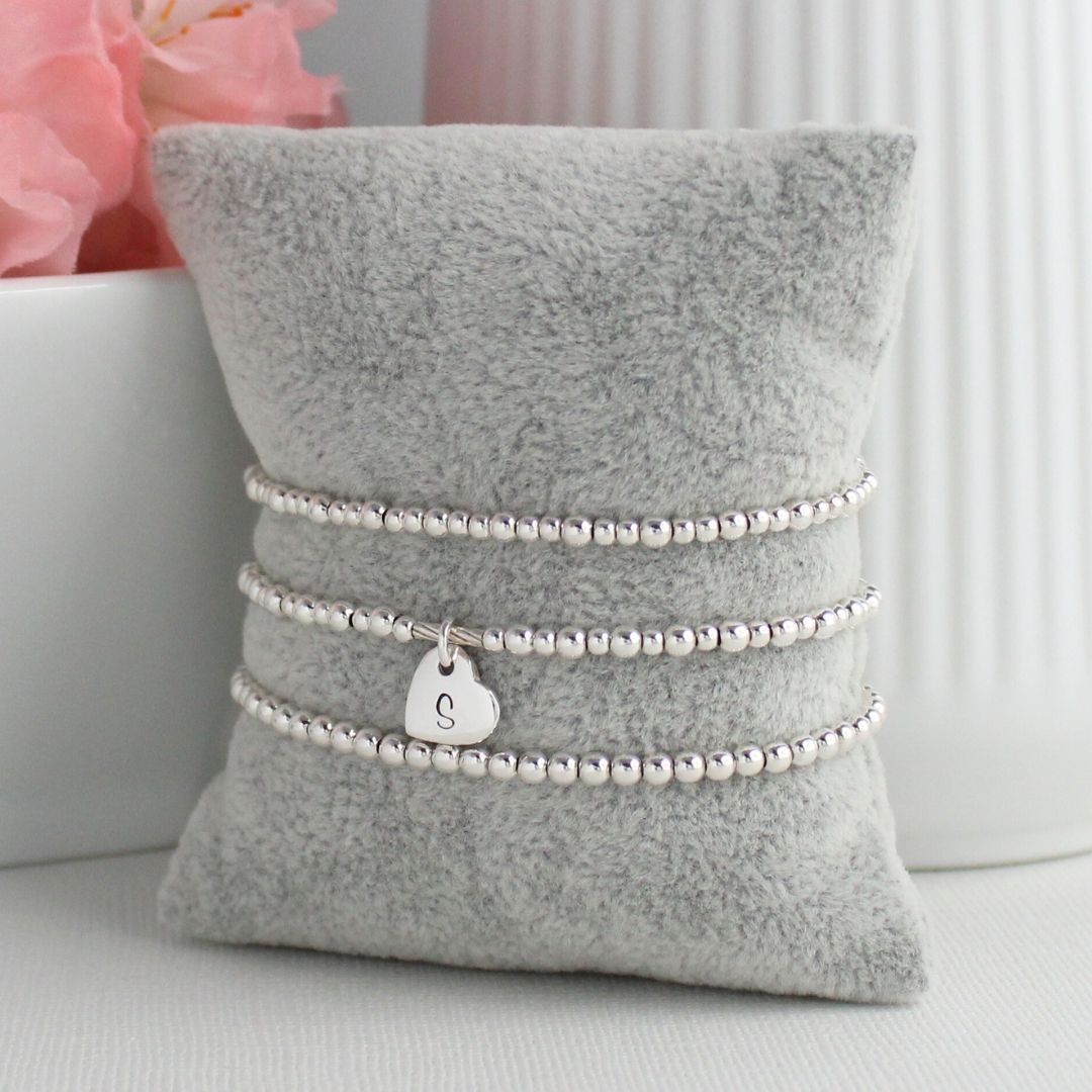 Sterling Silver Tilted Heart Charm Beaded Stacking Bracelet Set – Personalized Stacking Jewellery