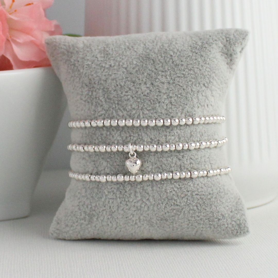 Small Puffed Heart Charm Beaded Stacking Bracelet