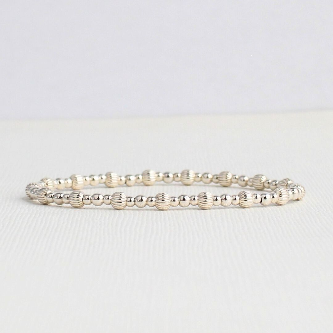 Sterling Silver Corrugated & Plain Beaded Stacking Bracelet - Modica