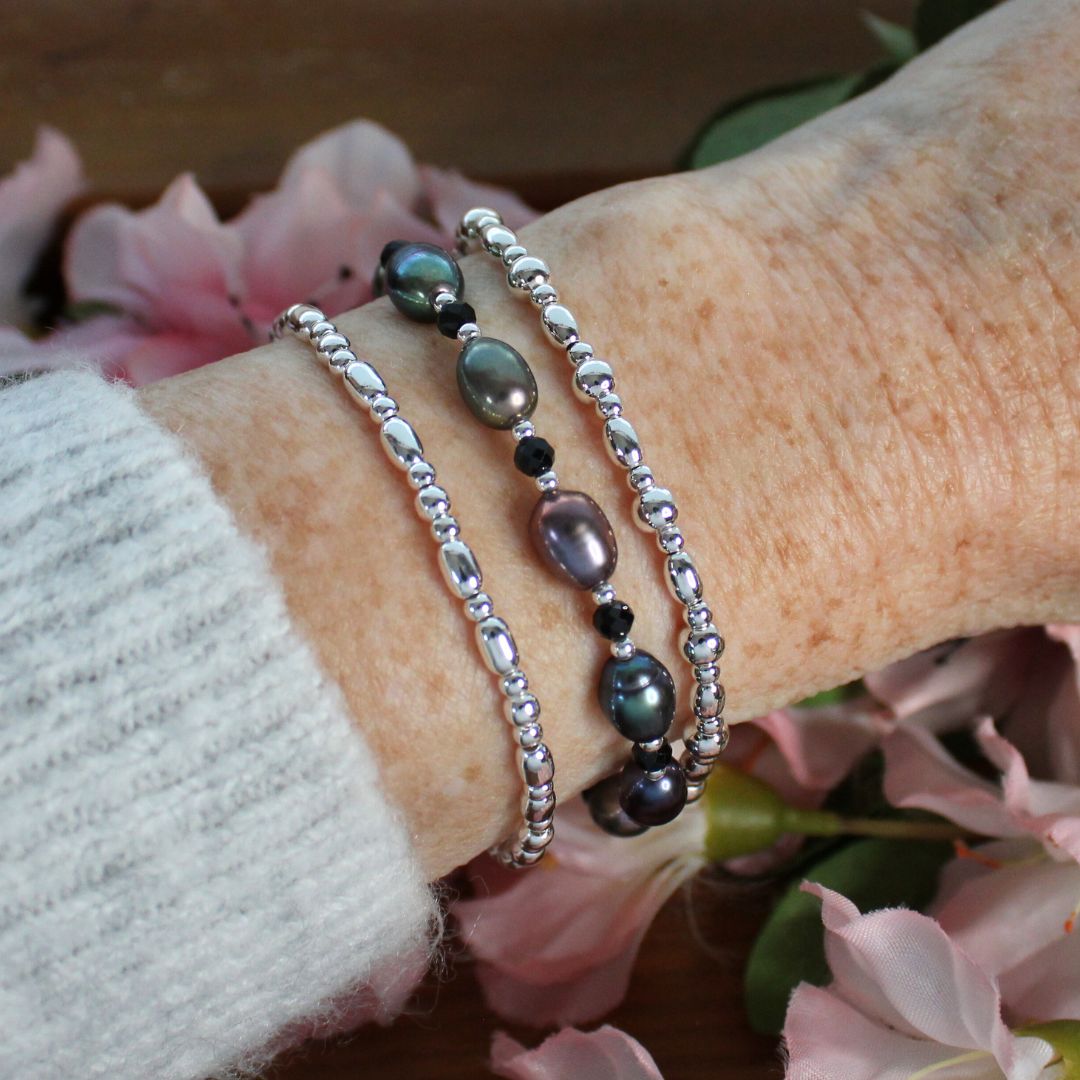 Sterling Silver Beaded Stacking Bracelet with Peacock Pearl & Black Spinel - Twilight Tide