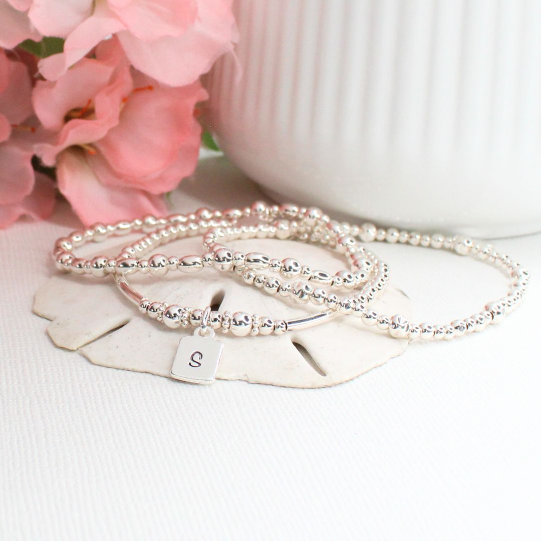 Silver Beaded Bracelet Stack – Personalized Isla Love Drop