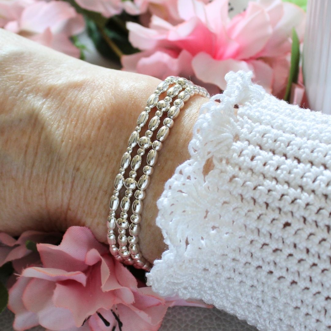 Sterling Silver Bead Stacking Bracelet - Rice & 2mm - Fabriano