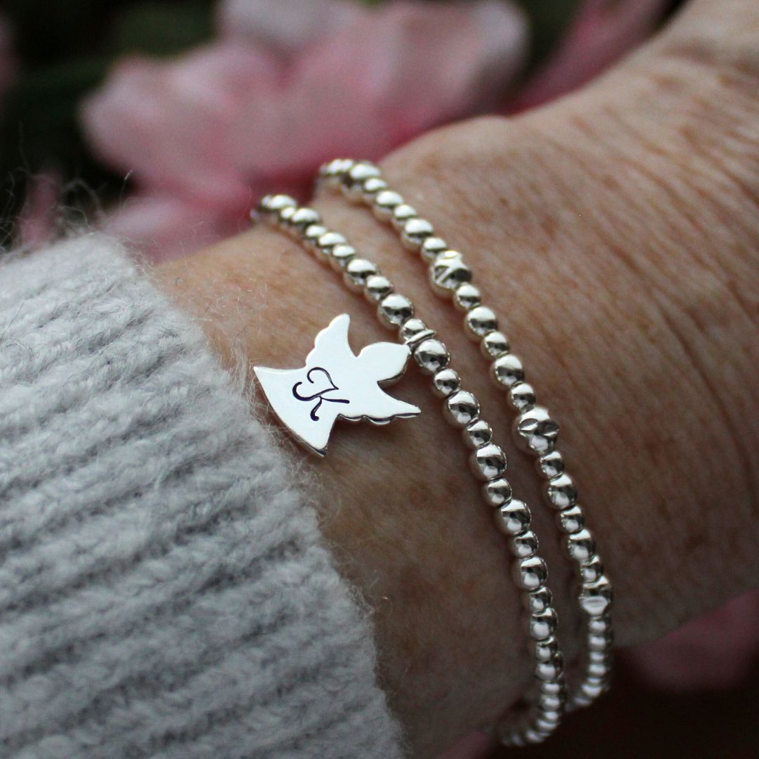 Personalized Angel Charm Silver Bead Stacking Bracelet Set