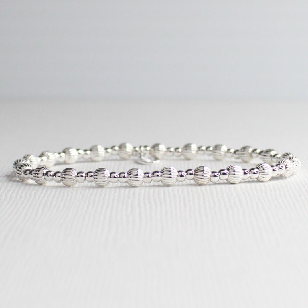 Sterling Silver Corrugated & Plain Beaded Stacking Bracelet - Cagliari