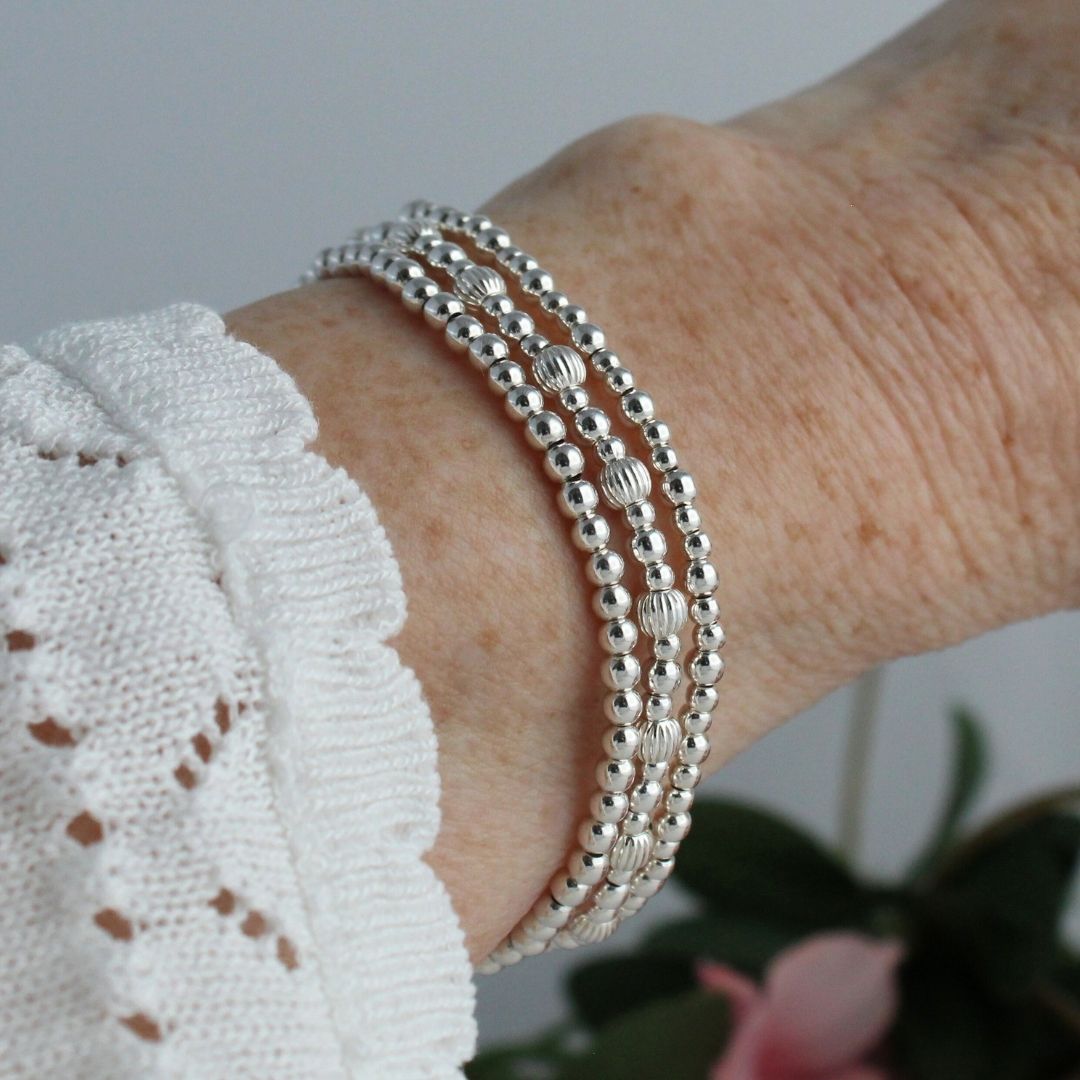 Sterling Silver Corrugated & Plain Beaded Stacking Bracelet - Modica