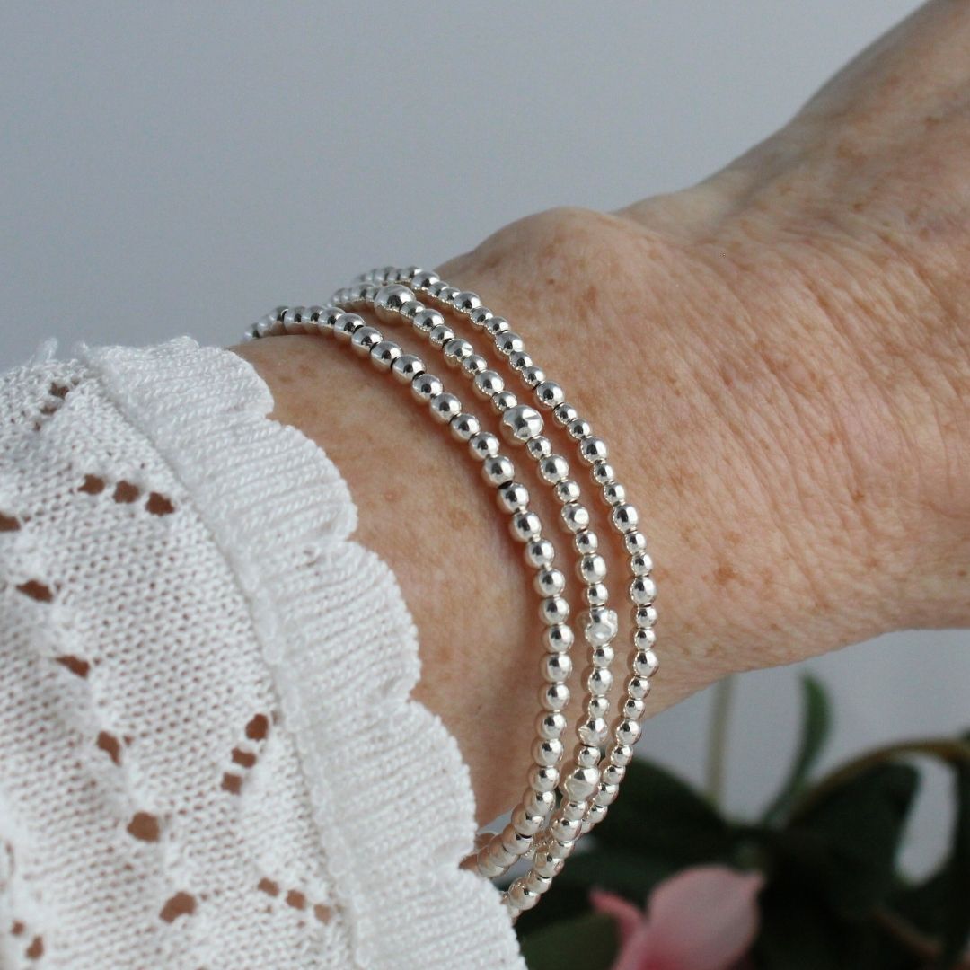 Sterling Silver Hammered & Plain Bead Stacking Bracelet - Florence